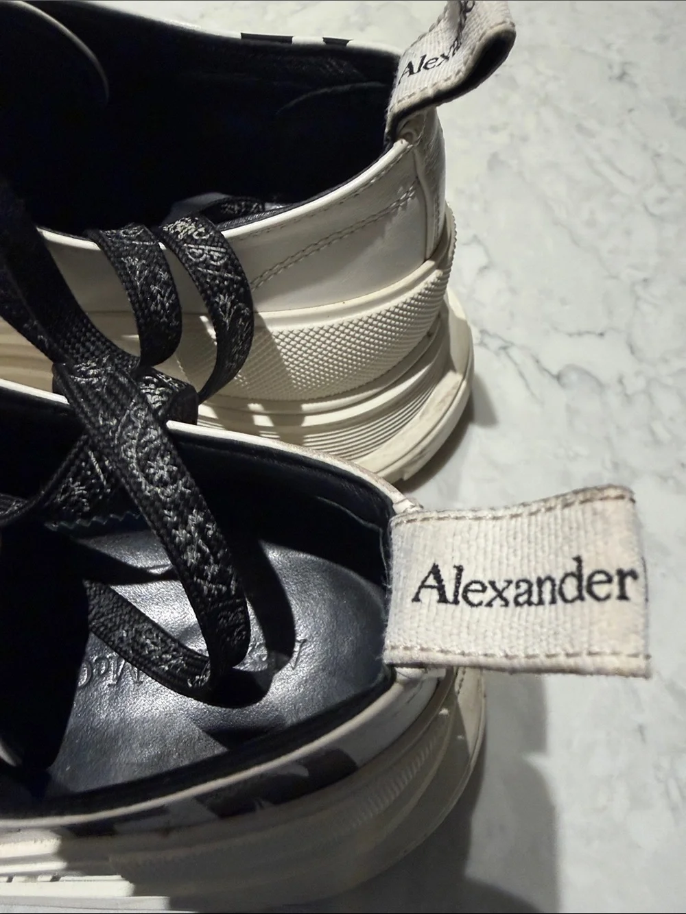 Alexander McQueen White Leather Platform Sneakers with Black Graphic